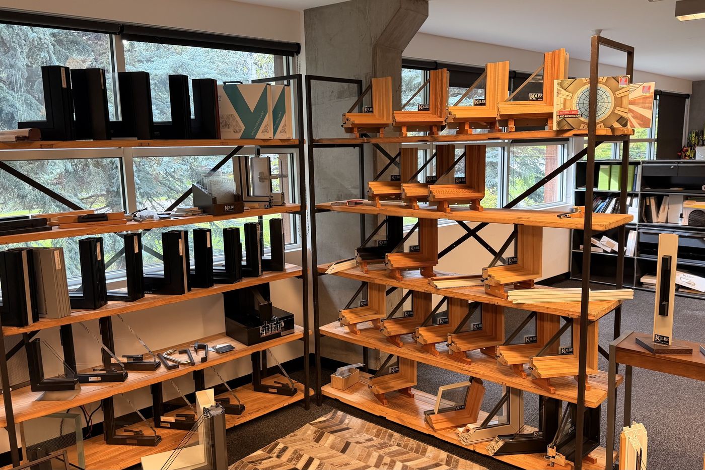 Hardware and frame corner samples on display in the showroom
